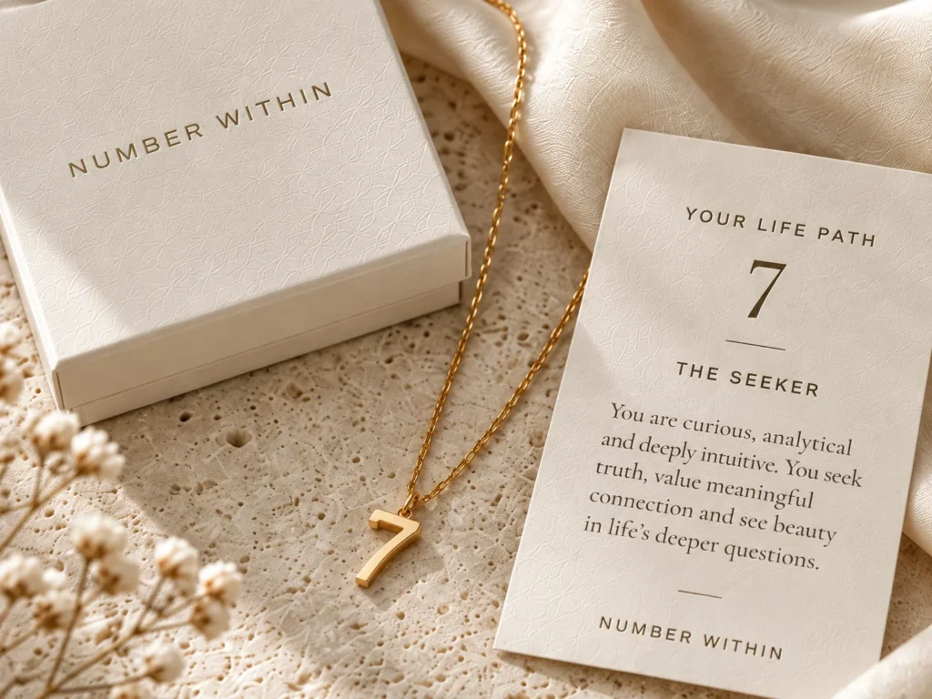 Life Path 7 necklace presented with its meaning card and gift box