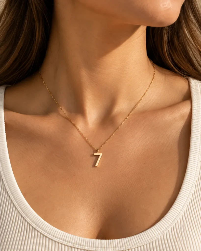 Woman wearing a delicate gold Life Path 7 necklace